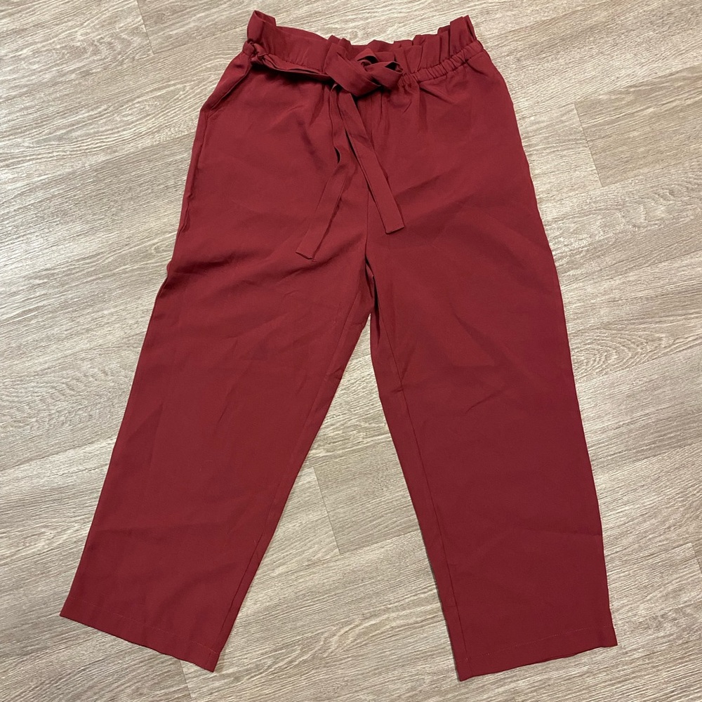Burgundy paper bag style pants